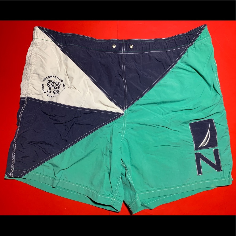 Nautica Swimming Trunks Mens XXL Green Navy Blue Shorts Vintage Bottoms Swim N